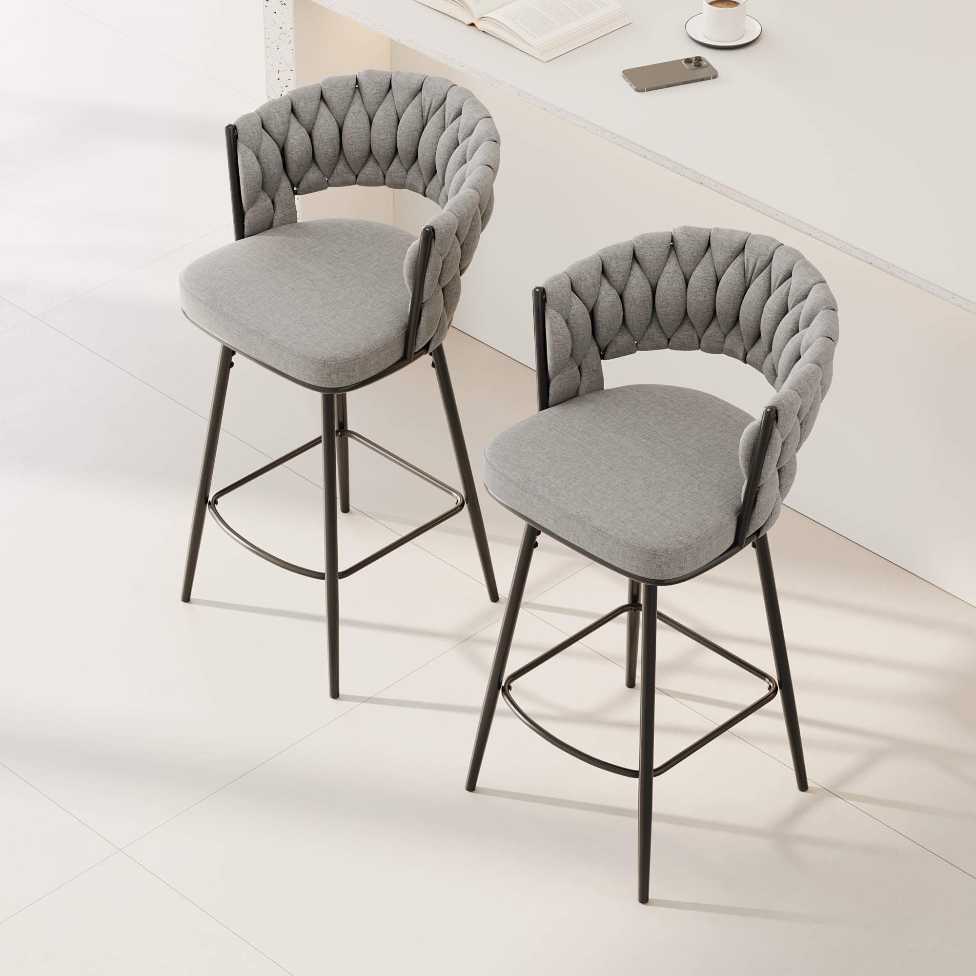 MAYEERTY 360° Swivel Bar Chairs Set of 2 – Counter-Height Stools with Cushioned Backrest & Metal Legs, Gray