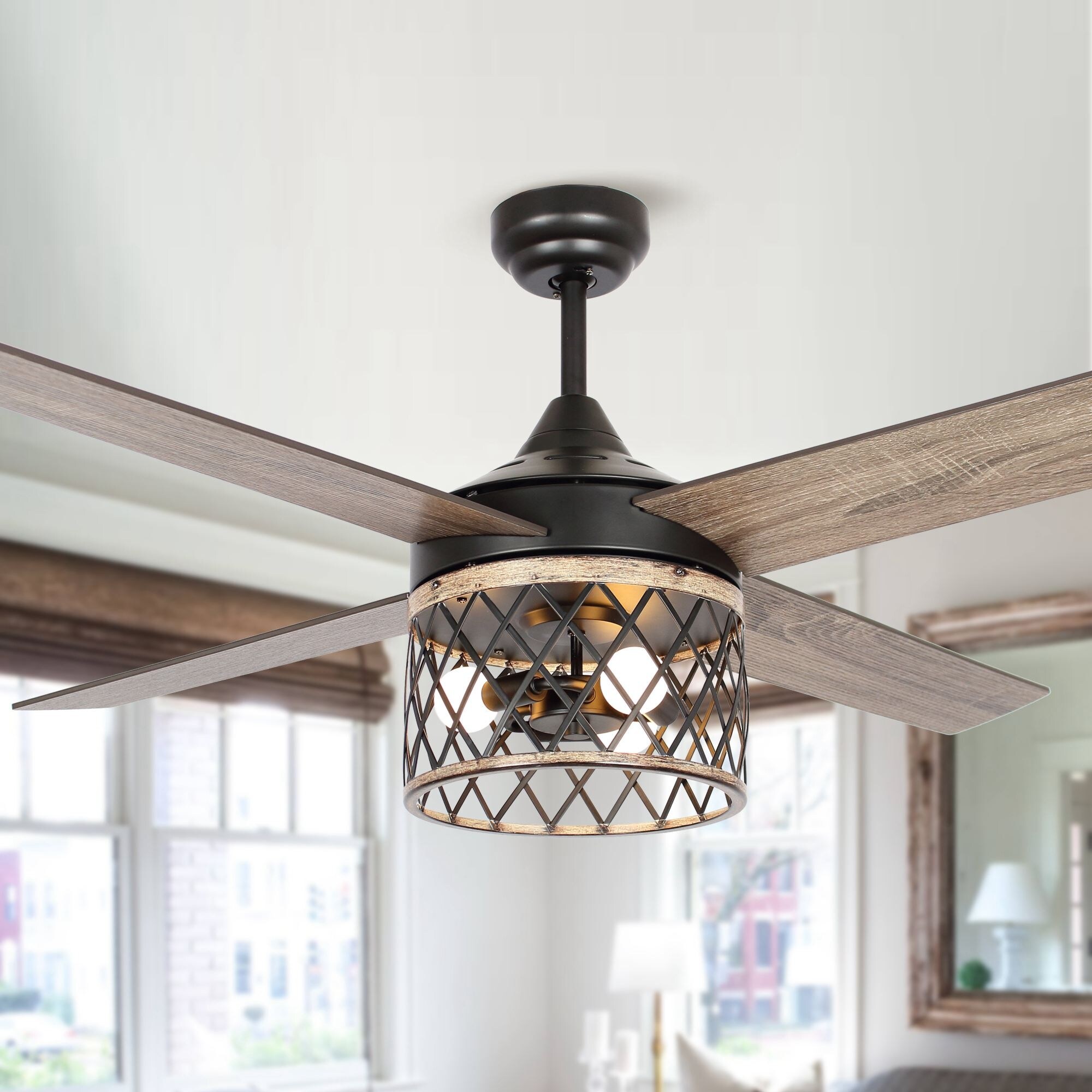 Farmhouse 4Blade 3Light Black Wood Grain Ceiling Fan with Open Metal