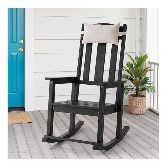 Oversized Outdoor Rocking Chair, High Back All Weather Rocking Chairs with Adjustable Headrest & Detachable Footrest, Outdoor Rocking Chairs for Porch, Backyard, Black