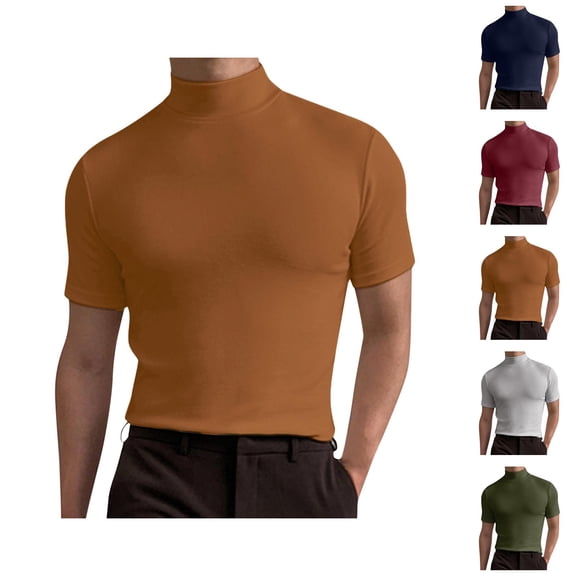 Baisc Turtleneck T Shirts for Man Short Sleeve Casual Slim Fit Undershirt Pullover Tops