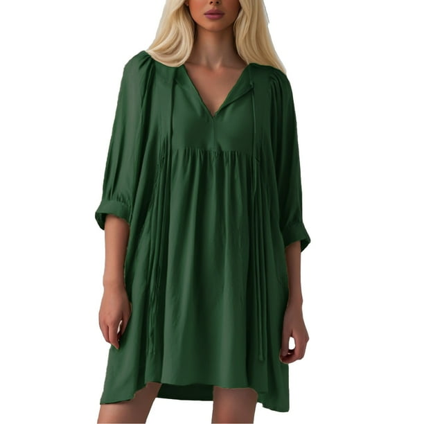 Vestido mini informal con lazo delantero y manga 3/4 para mujer - Tejido de rayón, bajo con volantes plisados, cintura elástica, tallas S-XL