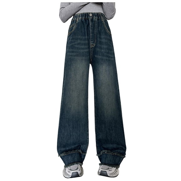 THSXS Girls Wide Leg Jeans Girls Pants Size 10-12 Girls Jeans Denim Elastic Wasit Wide Leg Baggy Pants Kids Clothes