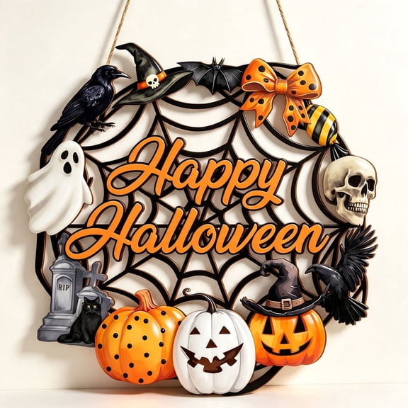 Halloween Decoration Wooden Ghost Door Halloween Wreath for Front Door Sign Wall with Pumpkin Ghost Crow Skull Witch, Alternative for Outdoor Indoor Farmhouse Party Supply