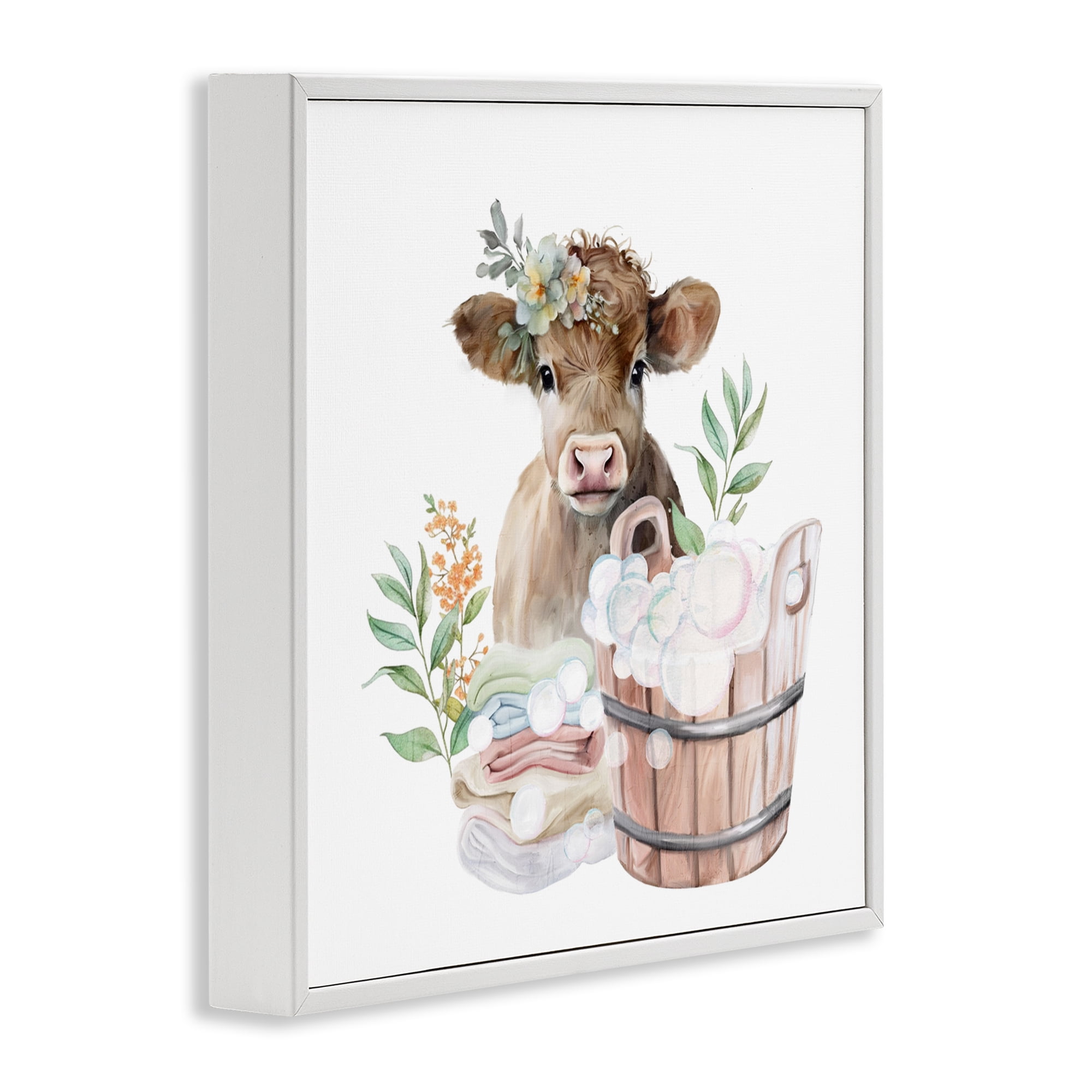 Laundry Day Baby Cow White Framed Giclee Art, design by Kim Allen