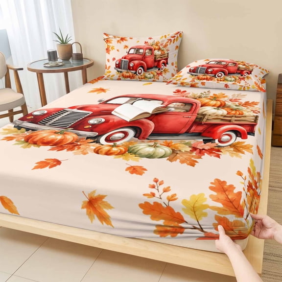 Twin Sze Fitted Sheet Set - Red Truck Fall 2 Piece Bedding Sets 16" Deep Pocket Fitted Sheet with 1 Pillowcase, Thanksgiving Pumpkins Maple Leaves Branches Brushed Microfiber Hotel Luxury Bed Sheets