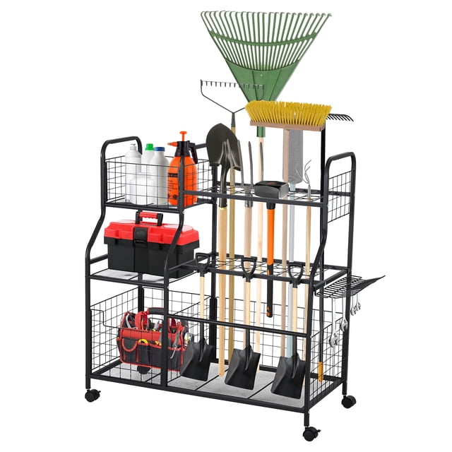 CazToi Chariot Utilitaire Roulant pour Outils de Jardin avec Roues, Chariot Utilitaire en Métal Robuste pour Râteaux, Pelles et Outils à Long Manche