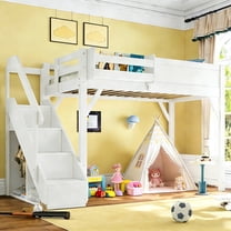 Twin Size Loft Bed with Stairs, Solid Wood Loft Beds Frame with Wardrobe, Gaming Loft Beds Twin with Storage Shelf for Teens Adults  (White)