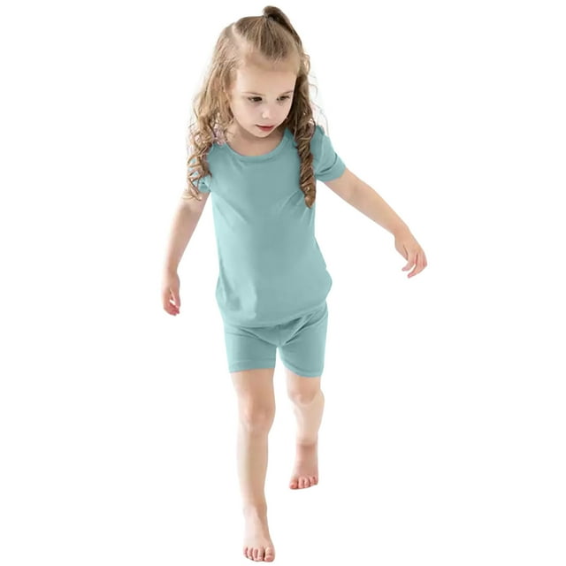 Hiiyo Ensemble 2 Pcs pour Tout-Petites Filles en Coton Uni, T-Shirt à Manches Courtes et Shorts