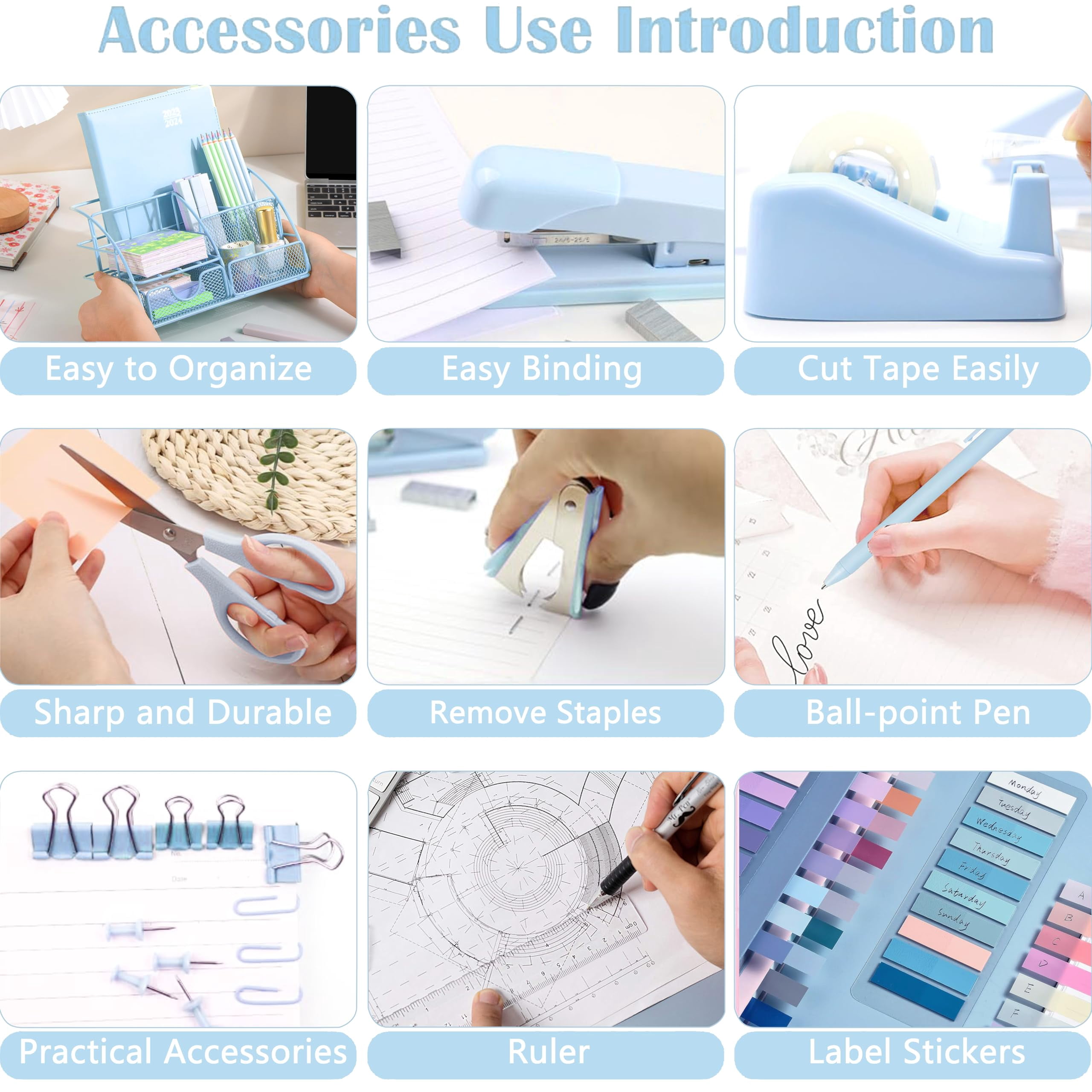 Blue Office Desk Accessories Supplies  10pcs Organizers And With Tape Dispenser Stapler Staples Scissor Ruler Sticky Tabs Ballpoint Pen Clips Set