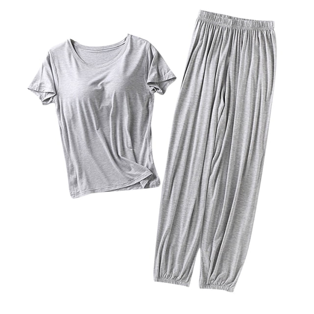 Clearance & Promo,Women's Round Neck Top, Chest Pad, Short-Sleeve, Solid Color, Home Wear Set, Comfortable Fit, Soft Fabric, Easy Care Adjustable Fit|20%Modal,40% Cotton,40% Polyester,Gray