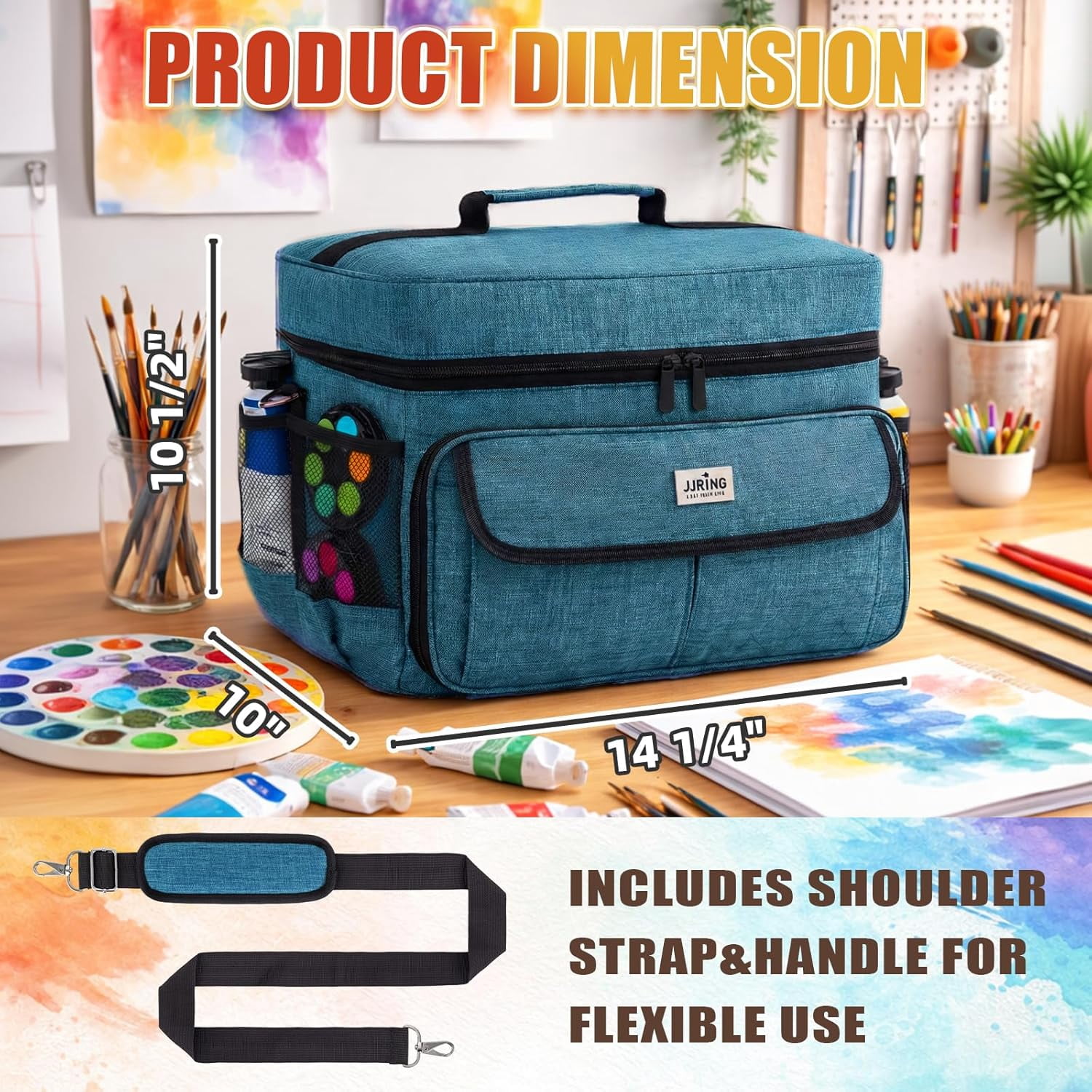 LAVFOX Adjustable Paint Storage Bag, Portable Art Supplies Organizer Tote with 12 Brush Slots for Multi-Size Acrylic Bottles and Craft Accessories, Sage Green