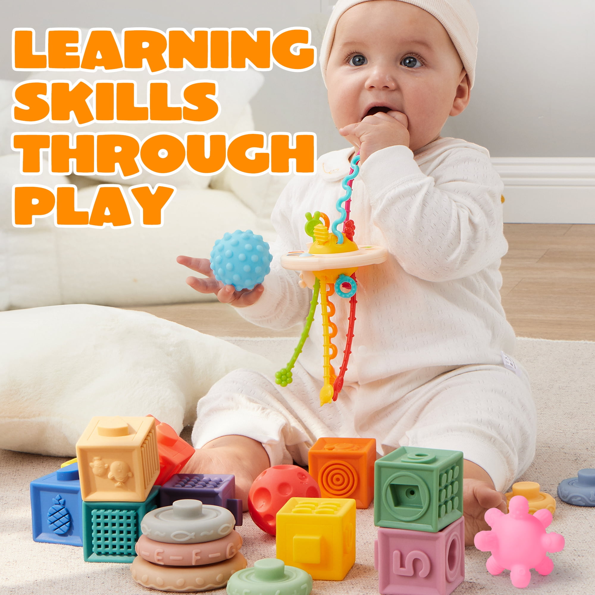 SYNCFUN Montessori Toys for Baby 0-3-6-12 Months, 4-in-1 Food-Grade Sensory Toys, Infant Stacking Circles Teether, Learning Gifts for Baby Girls Boys