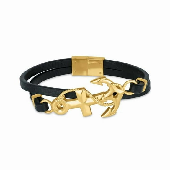 316L Stainless Steel Gold IP Anchor Cross Double Leather Bracelet, 8.5"