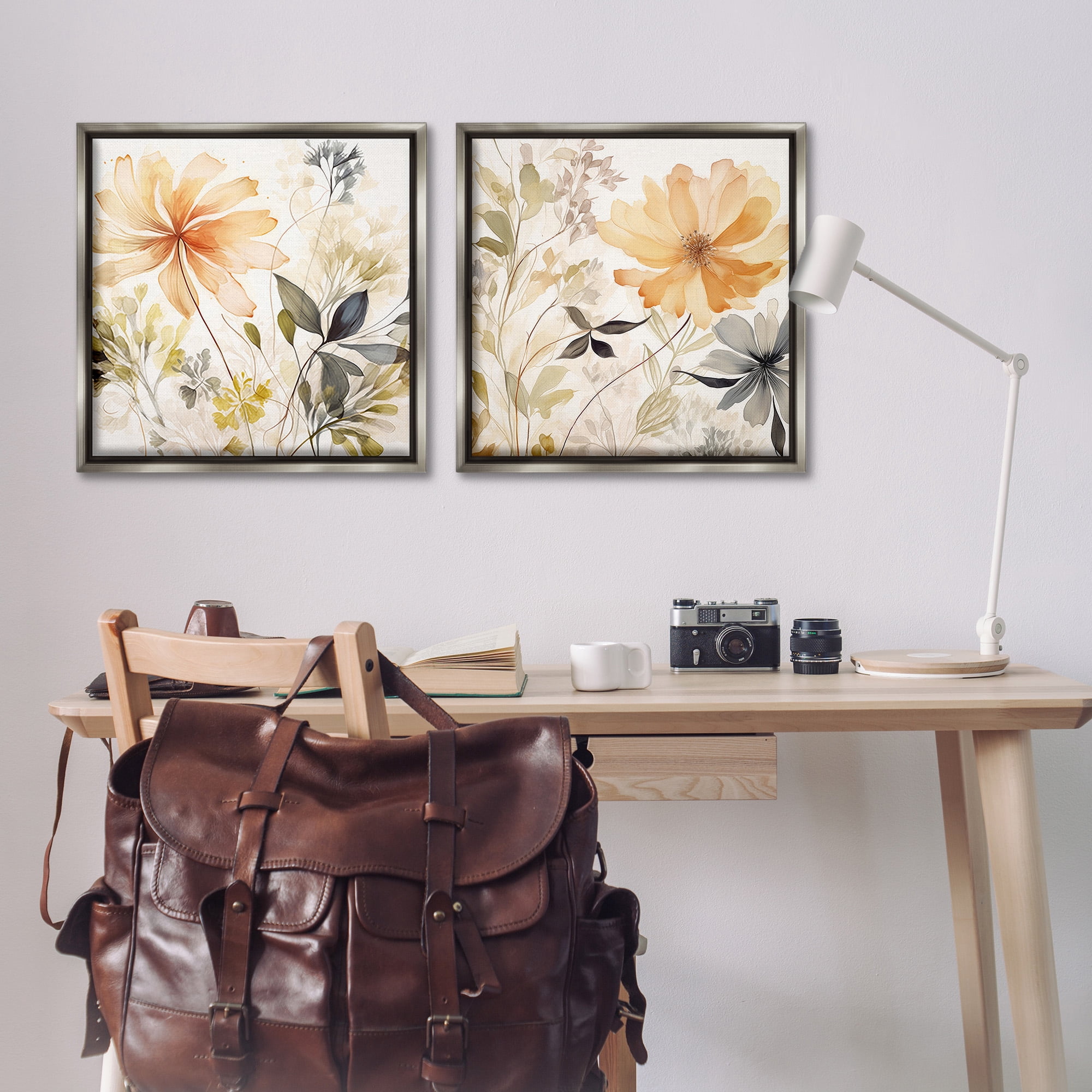 Stupell Industries Muted Cottage Flowers Botanical & Floral Painting Gray Floater Framed Canvas Art Print Wall Art, 25 x 25, Set of 2