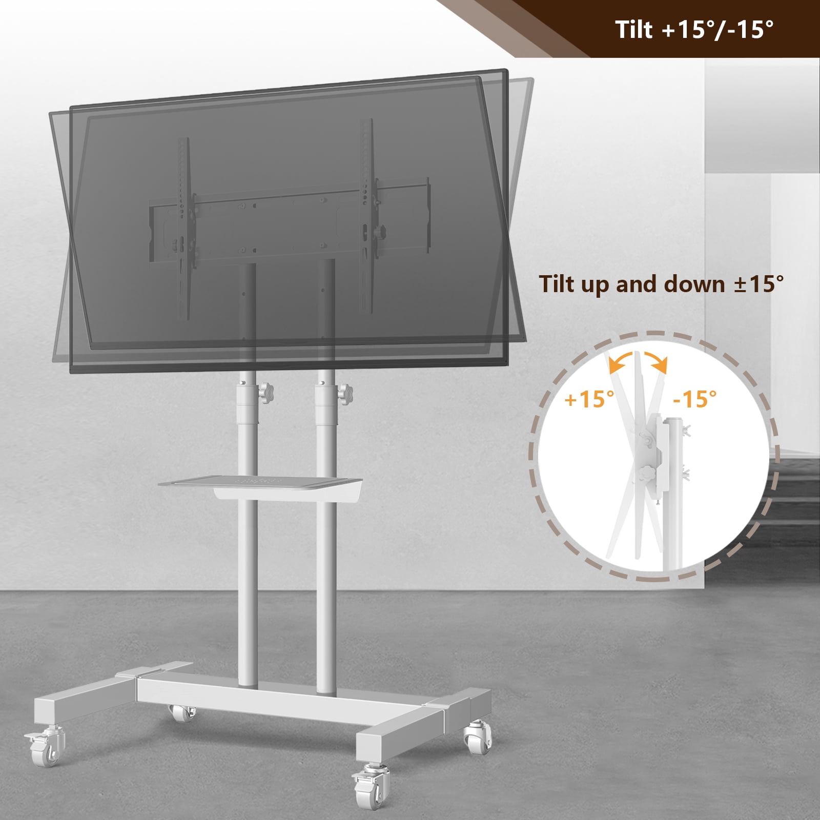 Mobile Rolling TV Stand with Laptop Shelf for 32-83 Inch TVs, Height Adjustable TV Cart with ±15° Tilt, Lockable Wheels,White