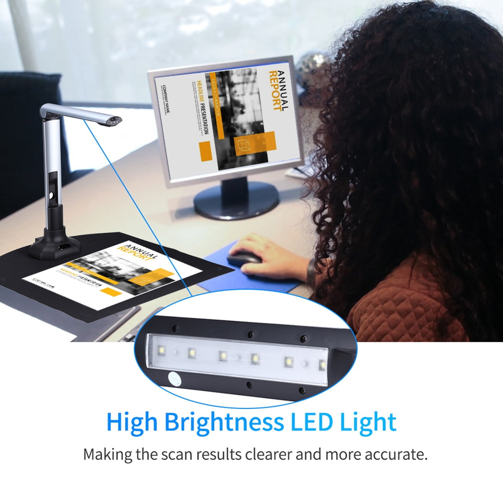 BK52 Portable Book & Document Camera Scanner, Capture A3 HD USB 2.0 Scanner With LED Light For ID Cards Passport Books Watermark ,Built-In Convenience