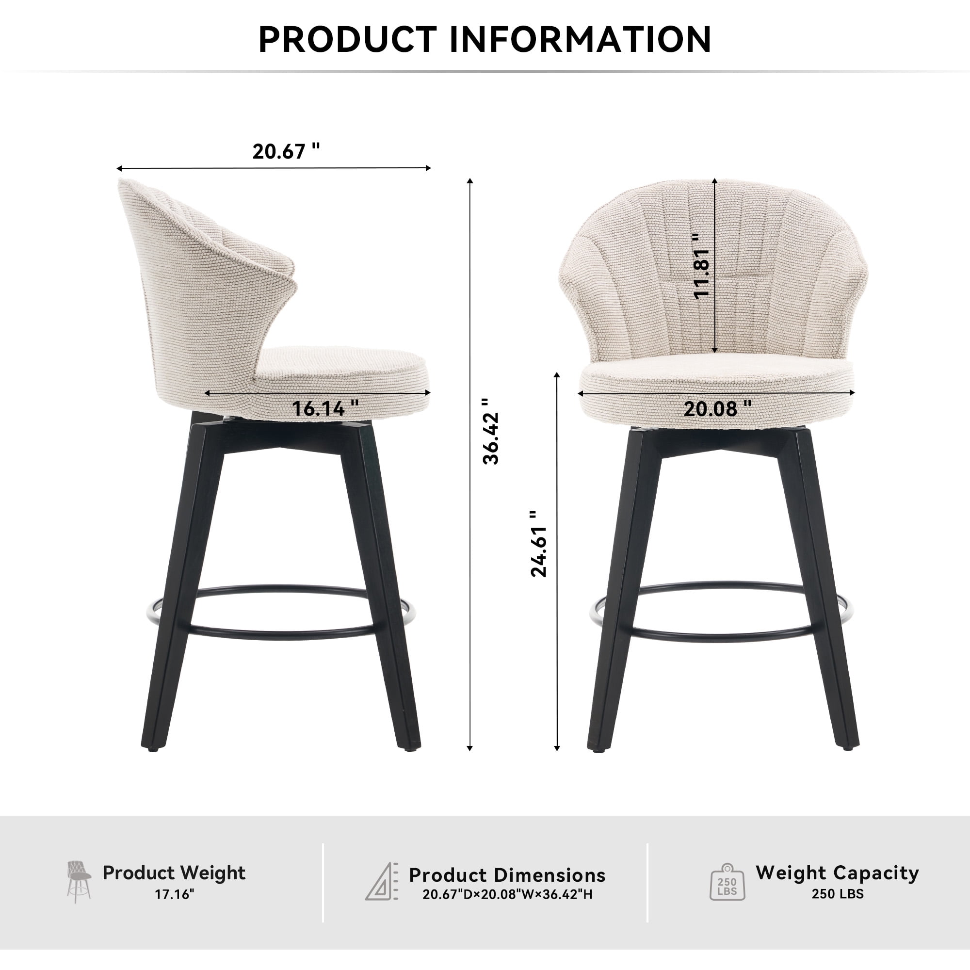 Peispie 24" Counter Height Bar Stools Set of 2, Swivel Chenille Fabric Barstools with Low Back and Metal Footrest, Modern Padded Kitchen Island Chairs for Dining Room & Home Bar, Beige