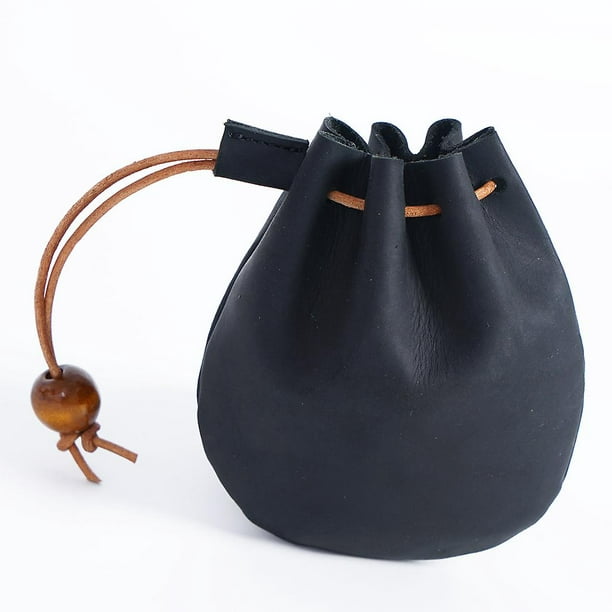 Pochette en cuir avec cordon de serrage Sac de taille médiéval à usages  multiples (noir vintage, 12 cm x 11 cm) 