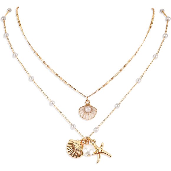 2pcs Shell Necklaces, Shiny Charming Beach Jewelry for Women Adjustable Multi-Layer Seashell Necklace with Pearls Match All Outfits Boho Summer Necklaces for Birthday Wedding Party Engagement