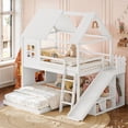 thumbnail image 4 of House Bunk Bed Full over Full with Storage Shelves and Wardrobe, Wood Floor Bunk Bed Frame with Ladders and Slides for Boys Girls, White, 4 of 14