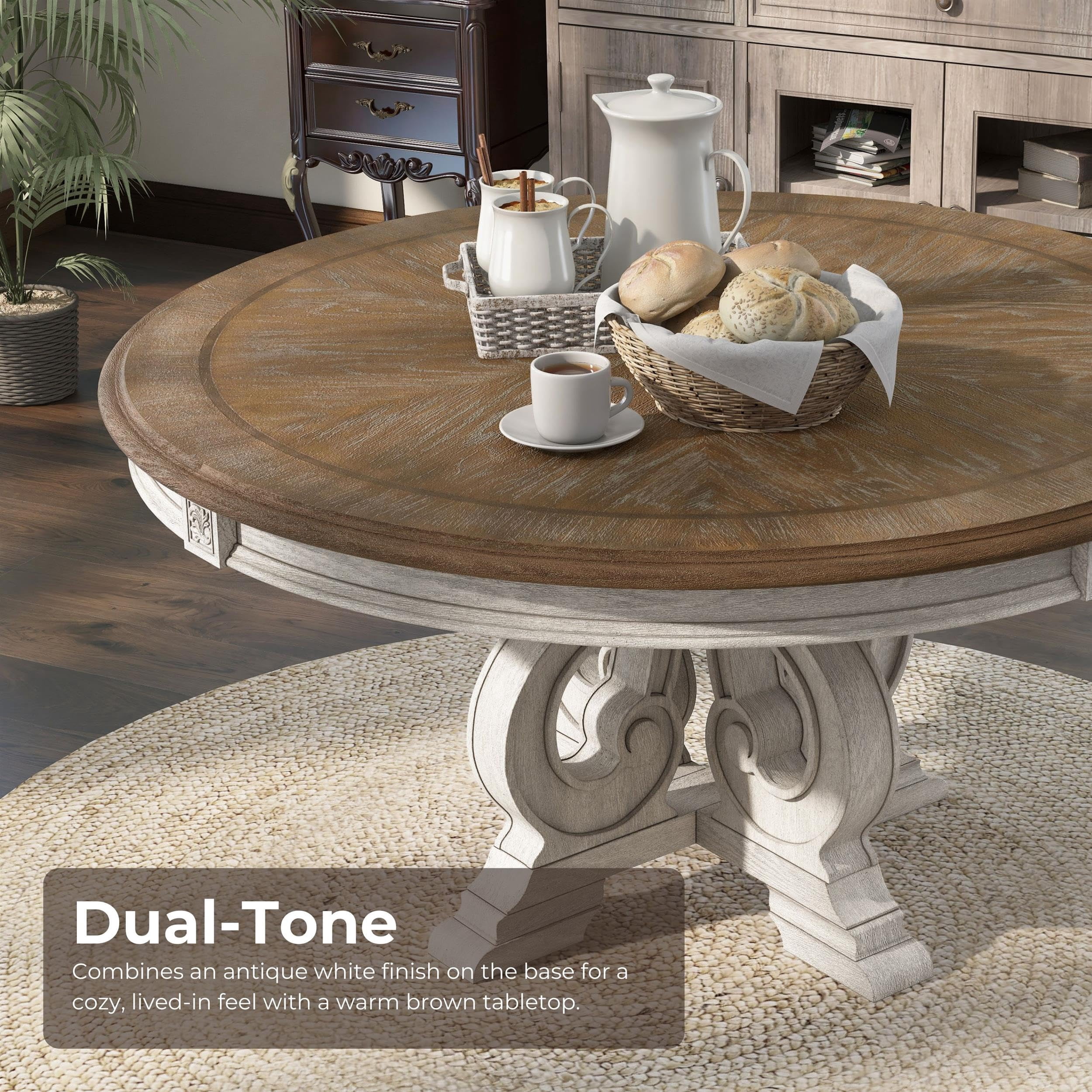 Furniture of America Clyde Rustic Wood Round Dining Table in Antique White