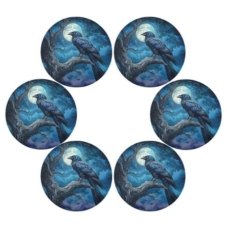 

WOBOGO Dead Trees Dark Crows Round Placemats Set of 6 Heat Resistant Washable Kitchen Table Decorations 15.4in