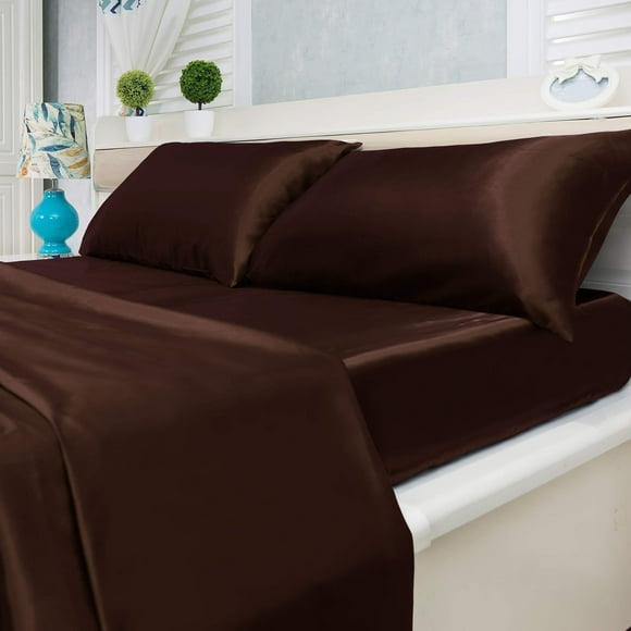 Luxury Home Satin Bed Sheet Set Ultra Soft 4-Piece King - Chocolate