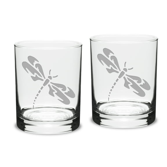 Dragonfly Deep Etched Classic Double Old Fashion Glass Set of 2