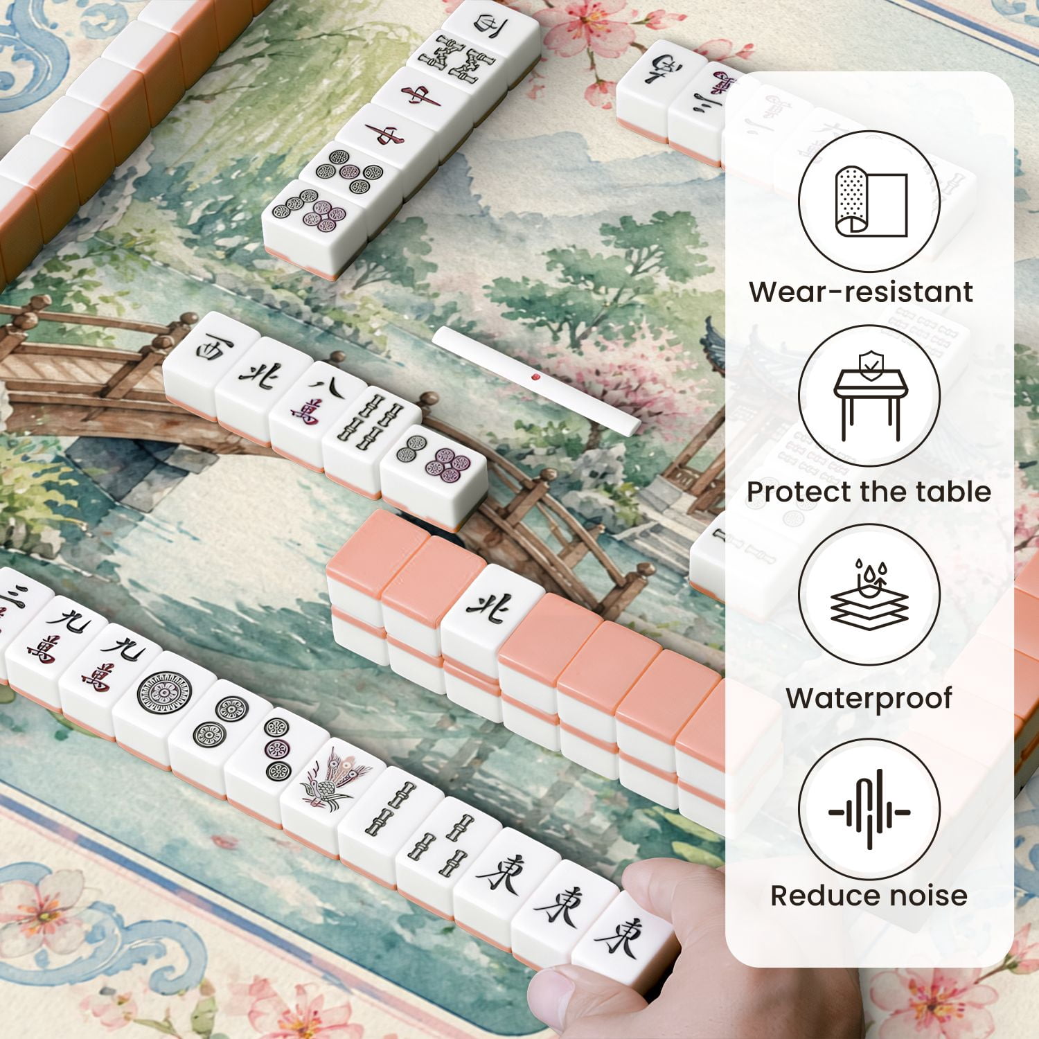 Mahjong Mat 31.5" x 31.5" Serene Japanese Garden Wooden Bridge Pagoda Cherry Blossoms Mountain Non-Slip Noise Reduction Mahjong Tiles Table Cover for Dominoes Poker Card Board and Tile Games