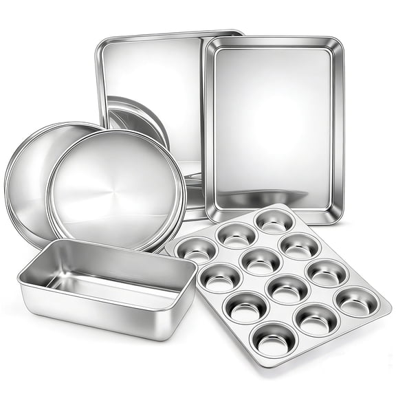 Vesteel 6 Piece Bakeware Set, Stainless Steel Baking Pans set for Oven, Include 8-Inch Cake Pan/Rectangle Baking Cookie Sheet/Muffin/Loaf Pan, Non-Toxic & Heavy Duty, Dishwasher Safe