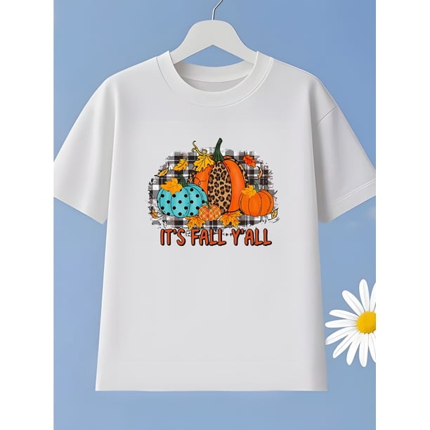 Halloween T-shirt - Breathable & Comfortable Short Sleeve Crew Neck, Vibrant Fall-Themed Design with Pumpkins, Leaves & "It'S Fall Y'all" Text, Perfect for Casual Wear, Sports &