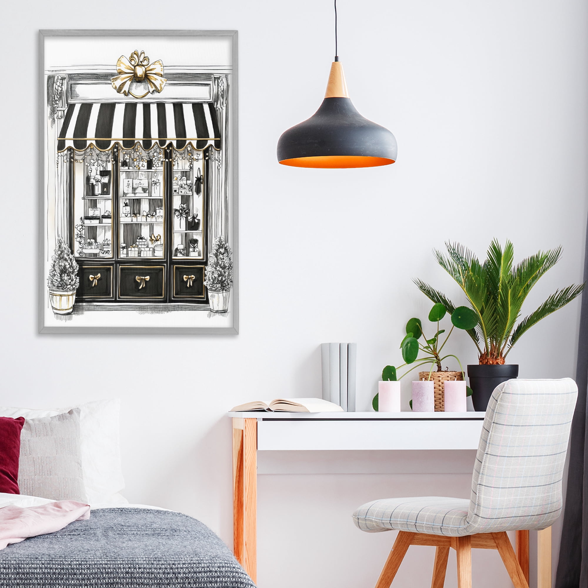 Stupell Industries Striped Paris Shop Facade Gray Framed Giclee Art, design by Petal Prints Design