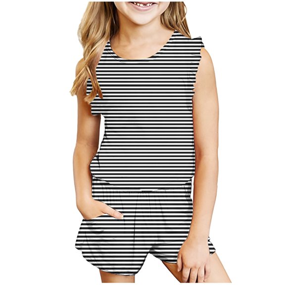 Two Piece Sets for Girls Going-Out Outfits 3-14 Years Toddlers Teens Casual Stripe Printed Sleeveless Tank Tops and Shorts Set with Pockets