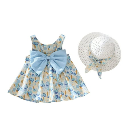 

LIhncine Girls Dress Toddler Girls Child Sleeveless Floral Prints Summer Beach Sundress Party Dresses Princess Dress Hat (Blue 12-18 Months)