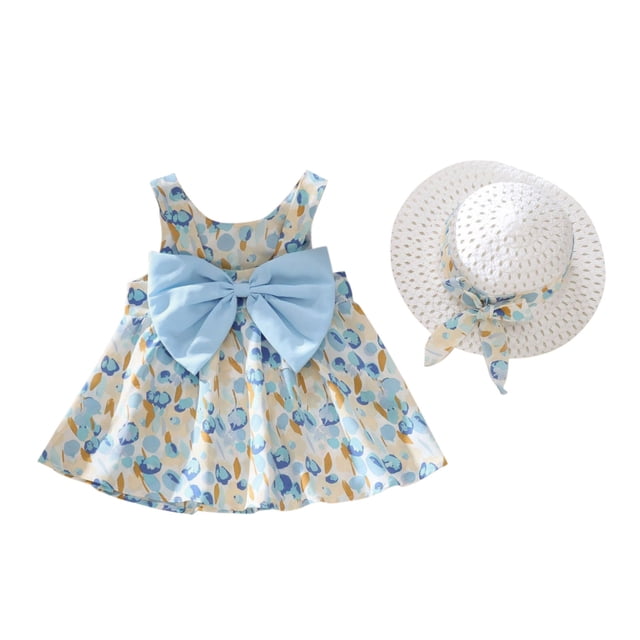 Robes Sans Manches pour Fillettes, Robes Tutu pour Filles, Robes d'Été avec Chapeaux, Deux Pièces, Robe de Plage pour Tout-Petits 2-3 Ans