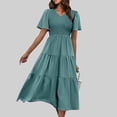 thumbnail image 2 of Wycnly Summer Dresses for Women Beach Casual Elastic Waist Flowy Ruffle Swing A Line Long Sundress 2024 Short Sleeve V-Neck Solid Maxi Formal Dress Green m, 2 of 5