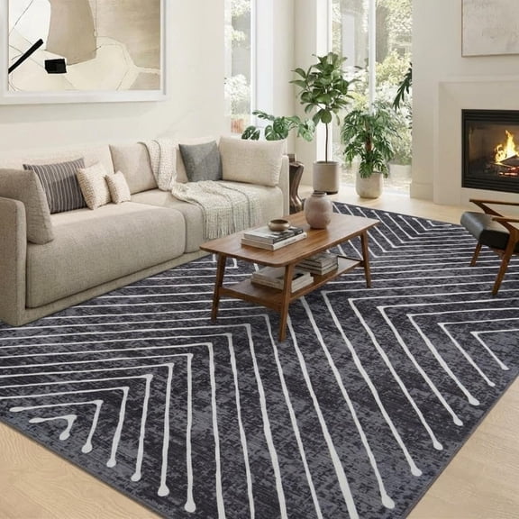 Striped Rugs for Living Room, 8x10 Area Rugs Ultra-Thin Soft Washable Rug, Non-Slip Bedroom Rug Stain Resistant Lightweight Boho Low-Pile Throw Rugs for ‎Dining Room Office.Dark Grey