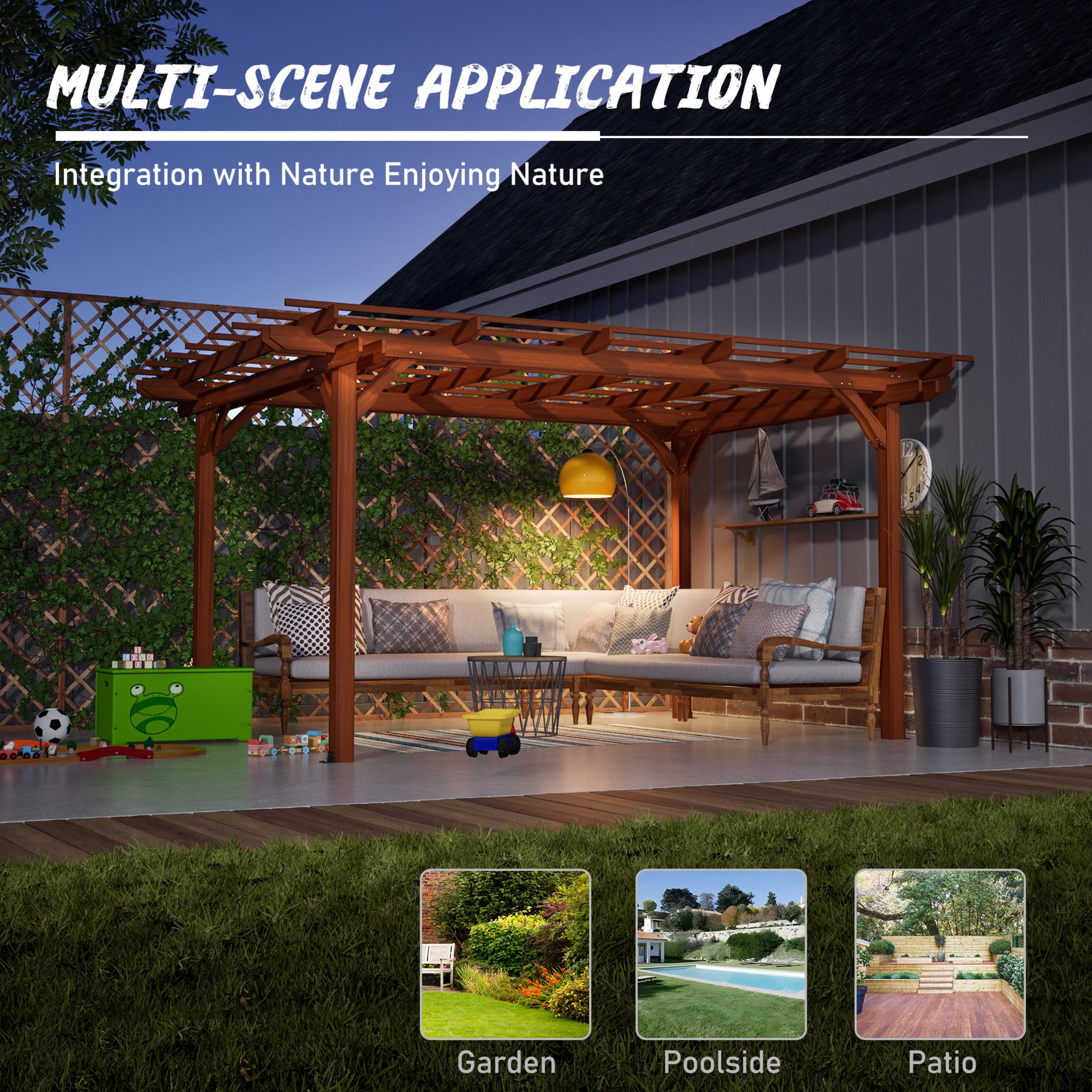 Noble House 12 x 10 FT Outdoor Patio Fir Wood Pergola, Traditional Multi-Layer Roof Trellis for Climbing Plants, Brown