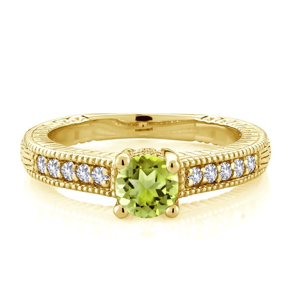 Gem Stone King 18K Yellow Gold Plated Silver Green Peridot and White Created Sapphire Women's Solitaire Ring with Accent Stones (0.70 Cttw, Round Shape 5MM, Size 9)