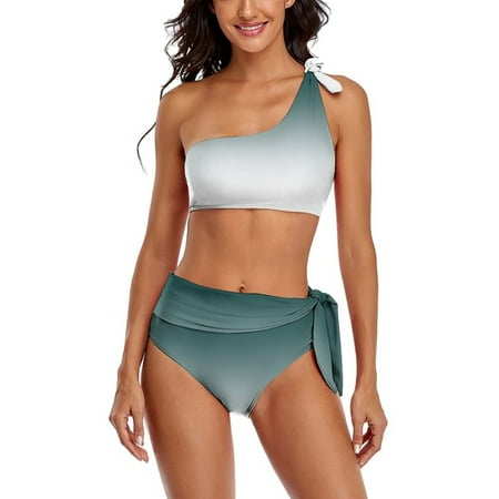 Aesthetic Blue Green And White Gradient One Shoulder Bowknot Swimsuit Two Piece Swimsuit Knot Crop Top Bikini High Waisted Bathing Suit