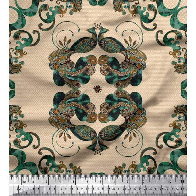 Soimoi Poly Georgette Fabric Quatrefoil & Peacock Bird Fabric Prints by Yard 42 Inch Wide