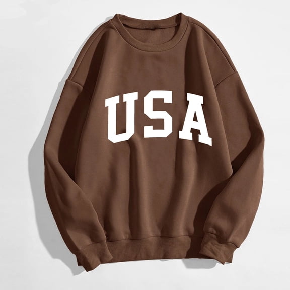 CUZIBR Womens Sweatshirt Letter Print Crew Neck Casual Long Sleeve Loose Casual Pullover Top Daily Outdoor Wear Fall Winter Clothes,Brown