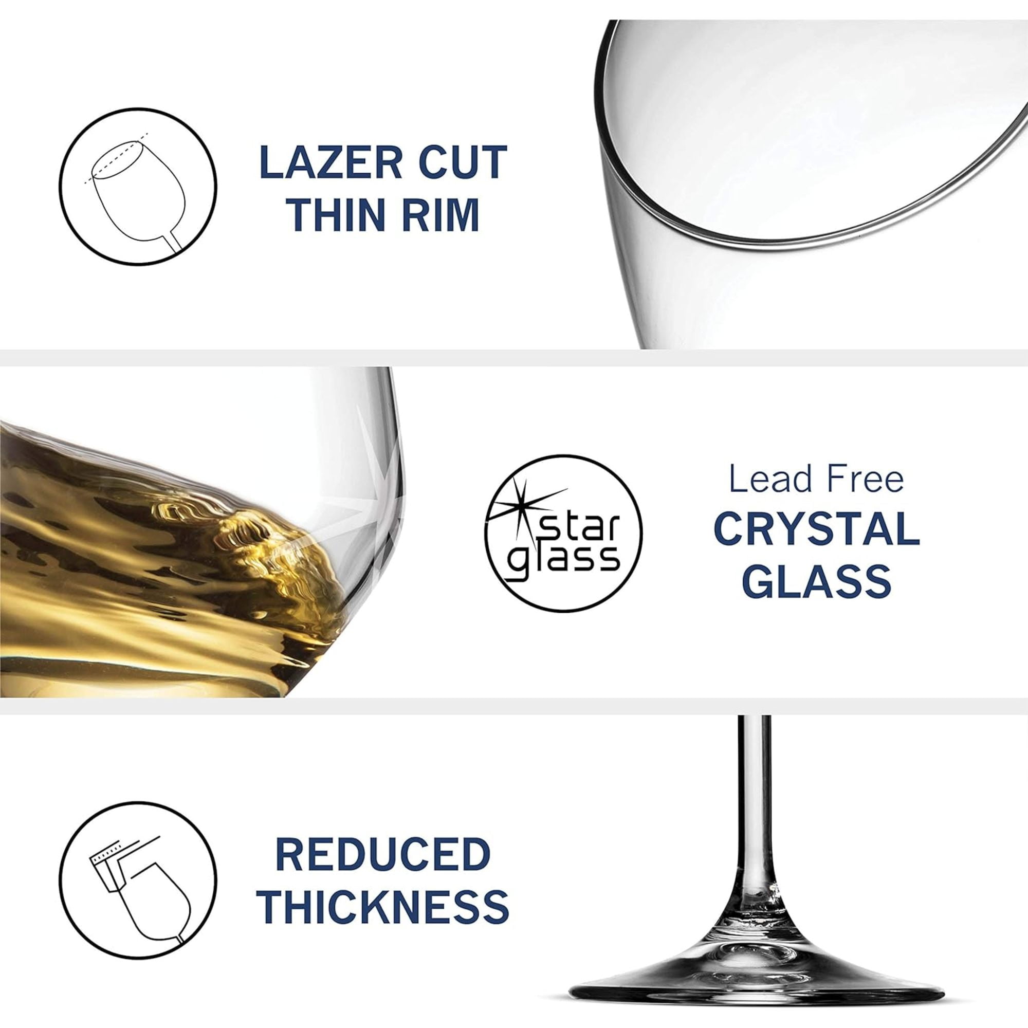 Bormioli Rocco 14.75 oz White Wine Glasses (Set Of 4): Crystal Clear Star Glass, Laser Cut Rim For Wine Tasting, Elegant Party Drinking Glassware, Restaurant Quality