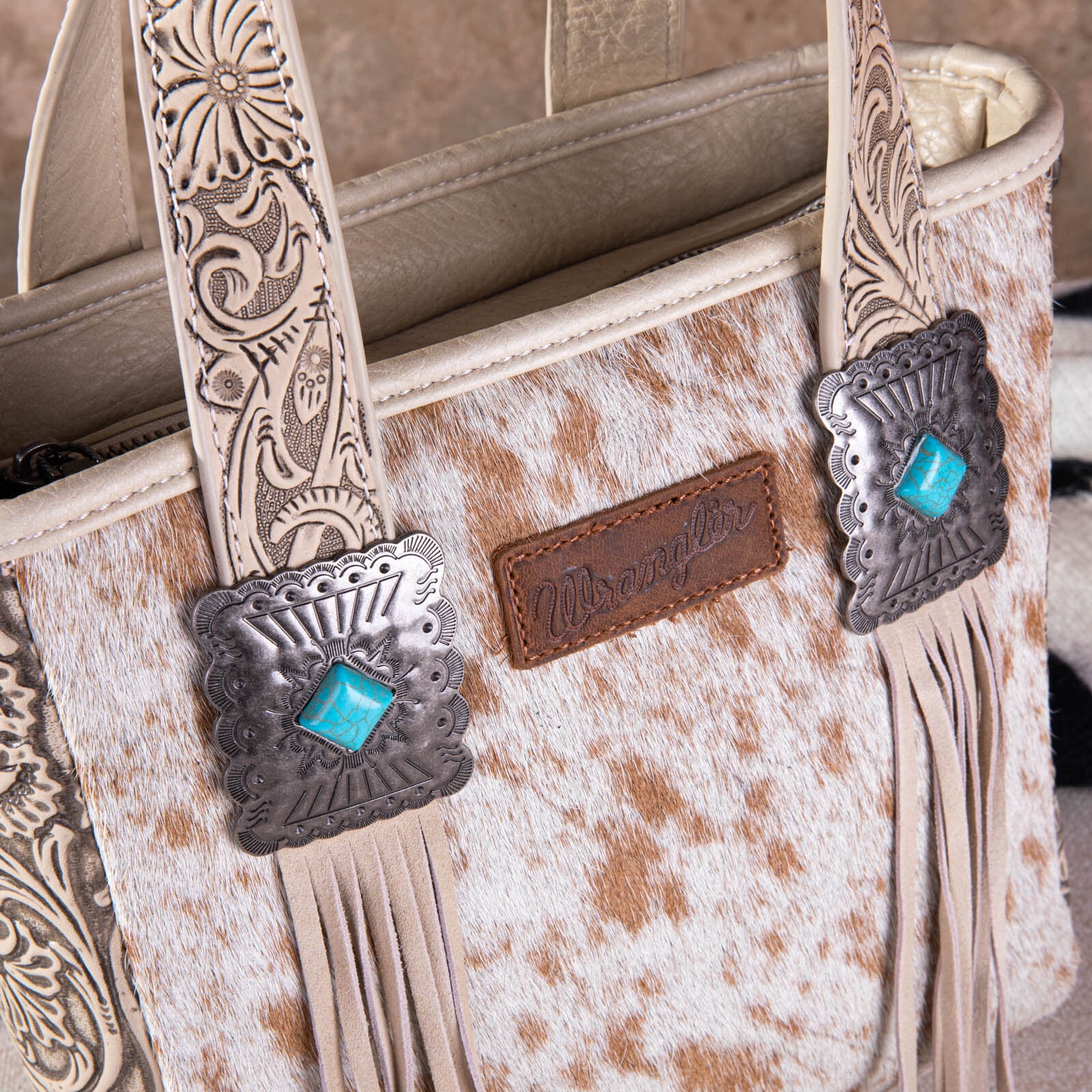 Wrangler Cowhide Tote Bag for Women Western Tooling Handbag Leather Fringing with Turquoise Stone Concho, Cowhide Beige