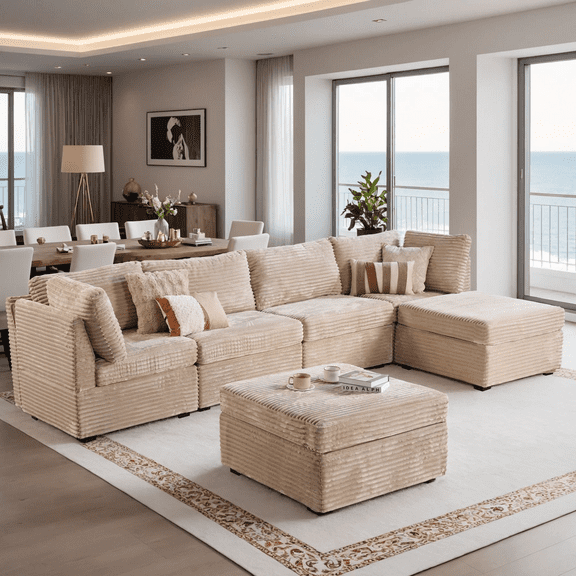 Vcatnet 130.7" Modular Sectional Sofa Couch Corduroy L Shaped Oversized Modern Minimalist Couch with Deep Seat and Ottoman for Living Room, 4 Seat, Beige