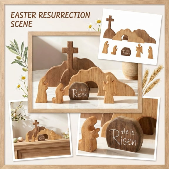7PCS Easter Decorations Wooden He Is Risen Cross Resurrection Tabletop Set 9.06in, Religious Easter Decor for Home Church Shelf Christian Holiday Display