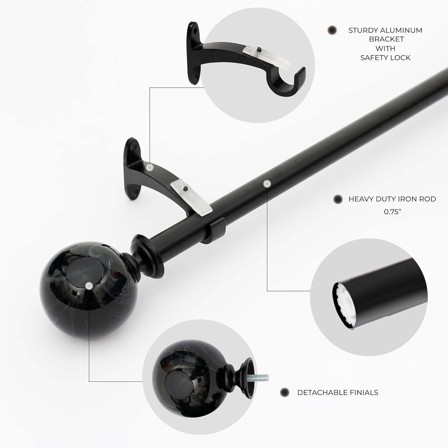 Deco Window Adjustable Curtain Rod for Windows 18 to 44 Inch (Pack of 1) Extendable Curtain Rod with Marble Ball Finial (Black)