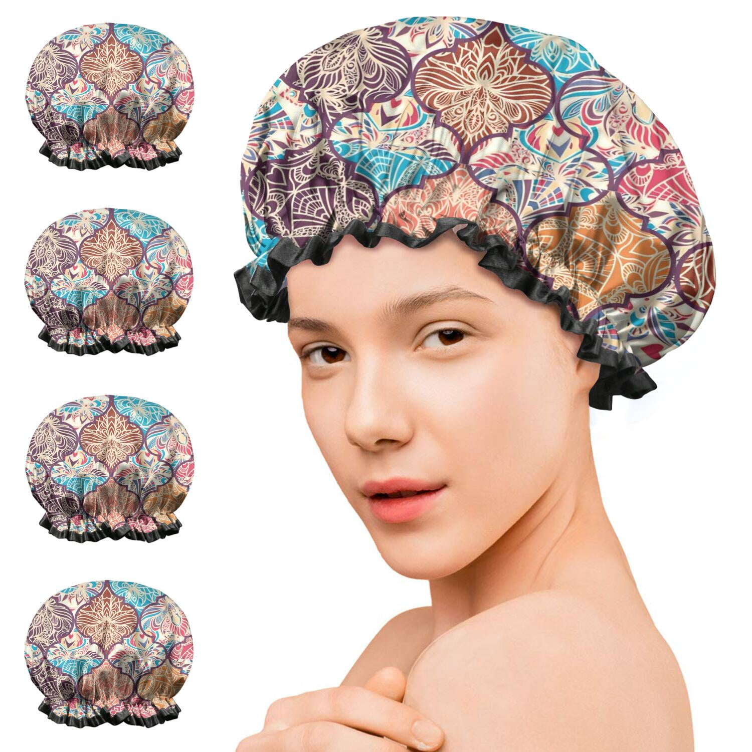 Shower Caps,Multicolor Ethnic Geometric Pattern Waterproof Shower Cap for Women 4 Pieces,Double Reusable Hair Cover for Shower PEVA Elastic Stretch Hem