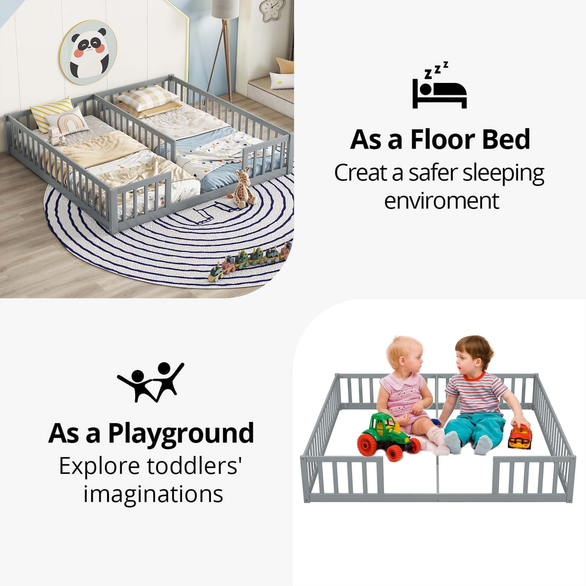 Twin Floor Bed for 2, Montessori Bed Frame with Fence, Wooden Double Floor Bed with Guardrails for Two Boys Girls, Box Spring Needed, Gray