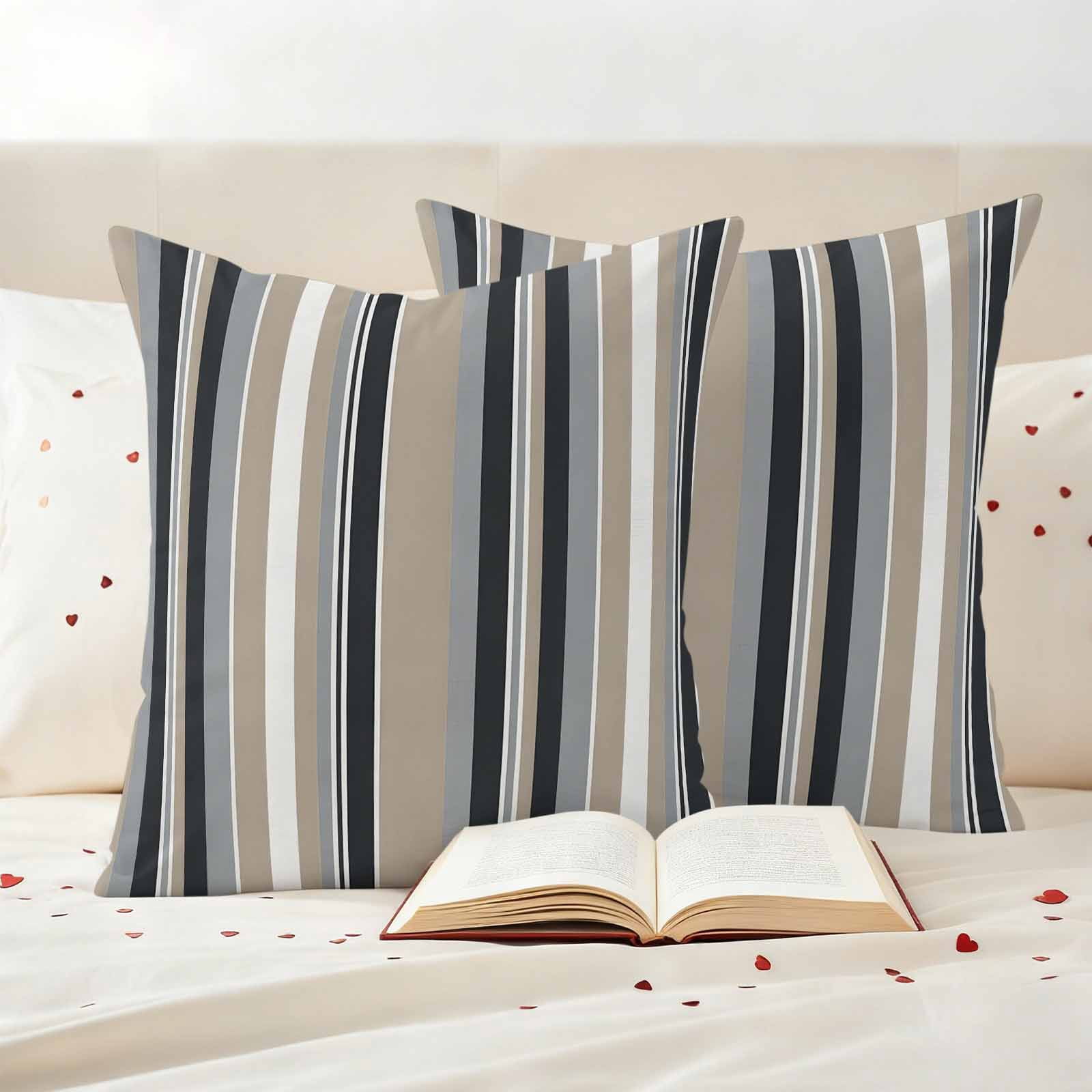 Black Grey Brown Striped Outdoor Waterproof Pillow Covers, Modern Stripes Art Farmhouse Decorative Square Throw Pillowcase Sofa Cushion Sham for Patio/Couch/Chair, 18"x18" 2 Pack
